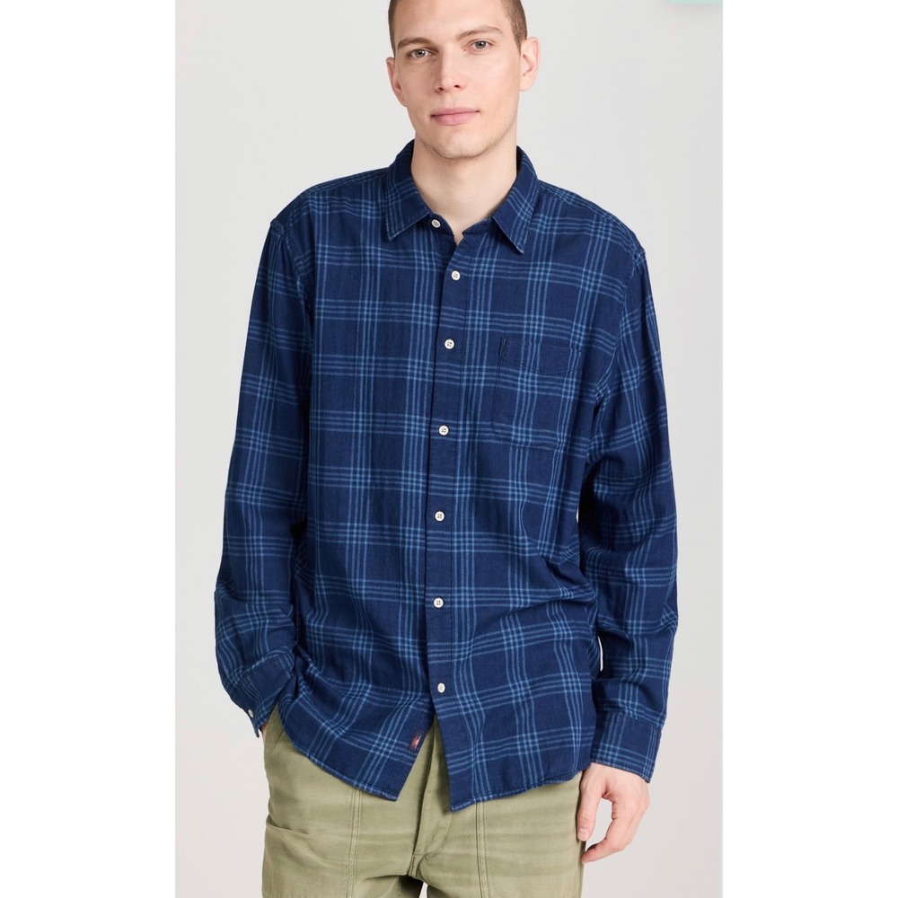 Faherty Men's M Sunwashed Chambray Shirt Navy Plaid Coastal Button Down NWT
